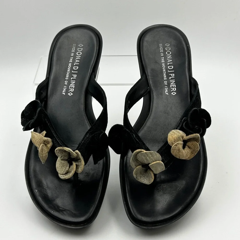 Donald J Pliner Calido Sandals Womens 8 Black Floral Wedge Platform Y2K Italy‎